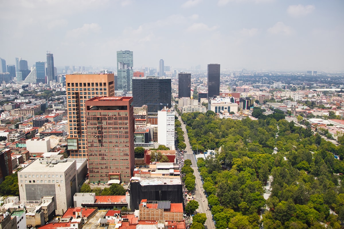 View of an urban park and residential buildings in Mexico