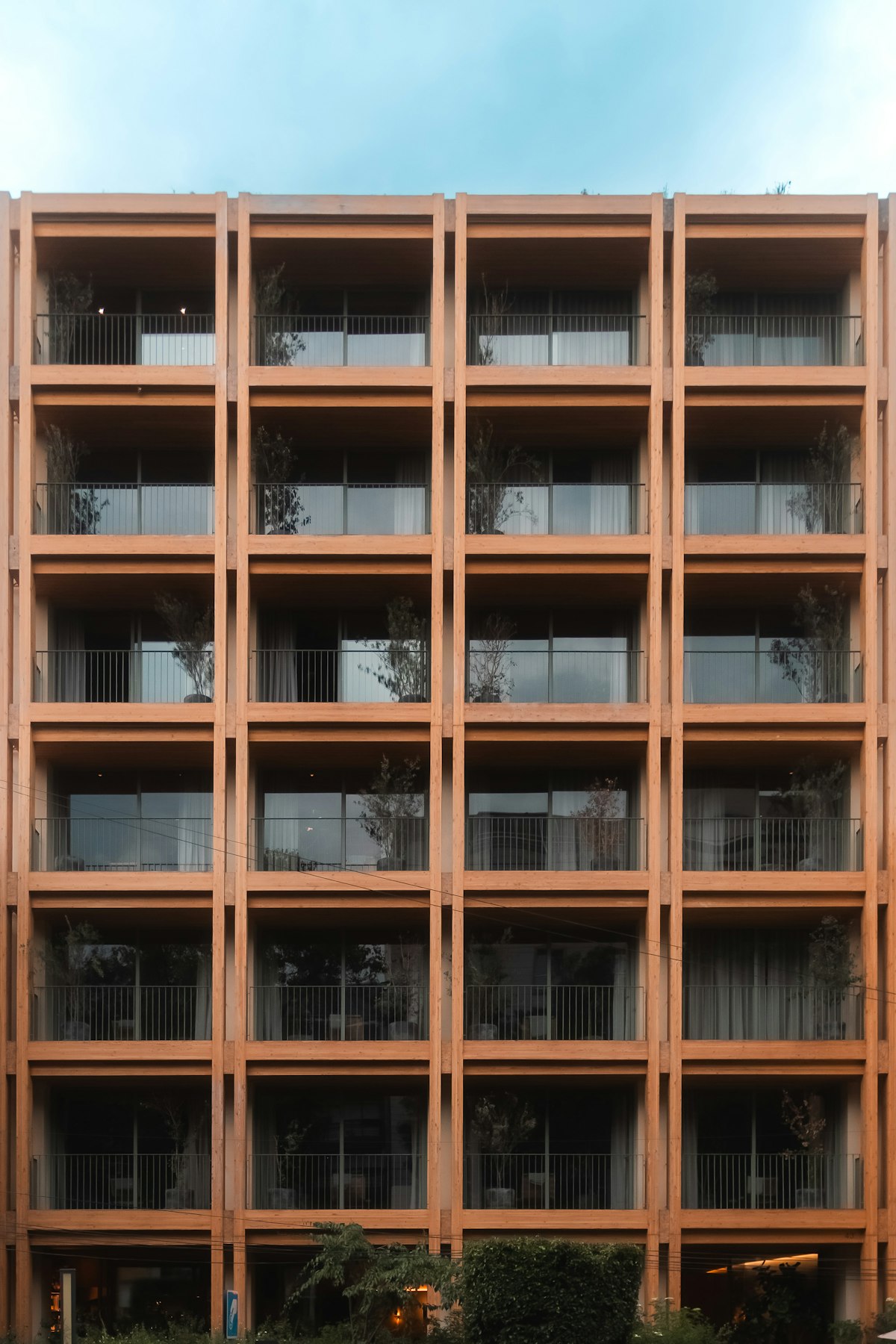 Modern residential building in Mexico with wooden balconies